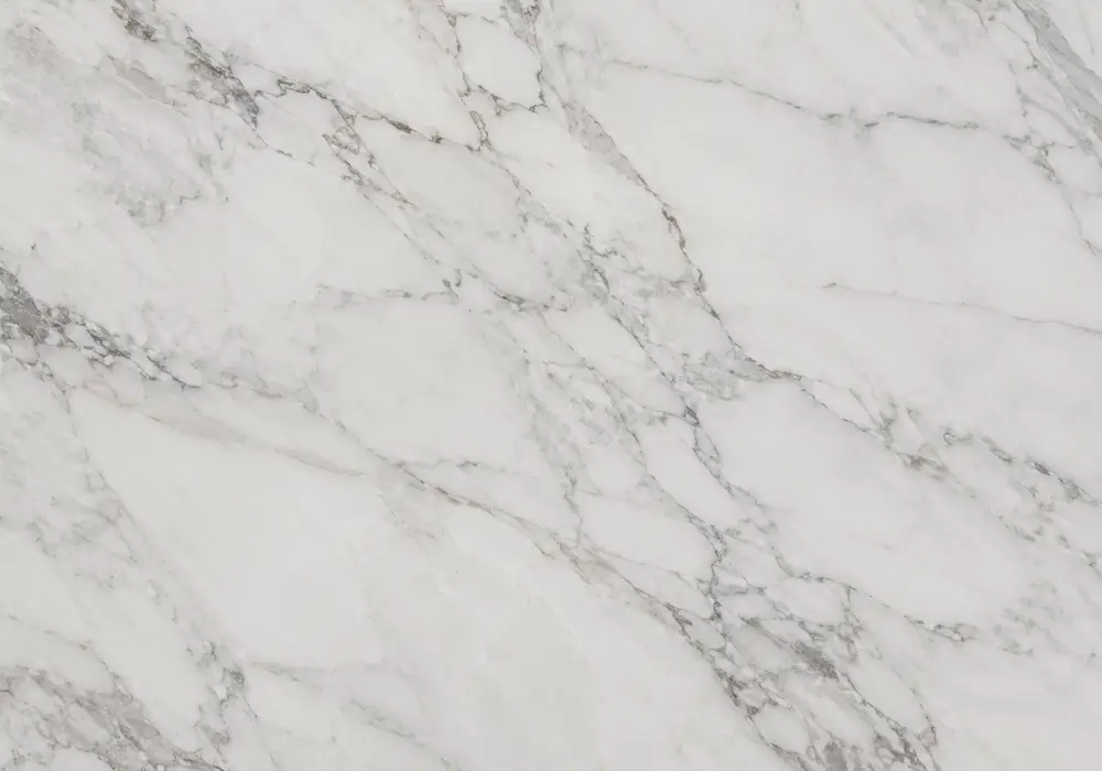 Marquina marble tiles pair with a polished kitchen counter, bathroom vanity and honed shower wall with white calcite veins
