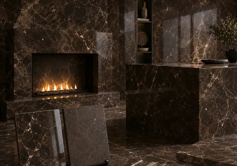 elegant low movement feature stone across wall cladding, flooring and an island countertop, with authentic slab variation.