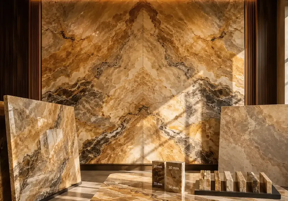 elegant honey decorative stone used across a feature wall, flooring and an island countertop, with authentic slab variation.