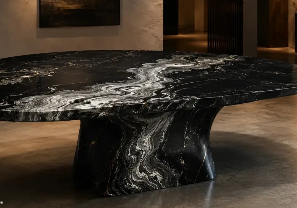 Mercury Black Marble console table with deep black stone and fluid silver-grey and golden veining.