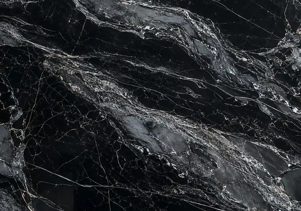 Mercury Black marble UAE in a luxury bathroom, showing natural veining, polished depth and refined architectural detail.