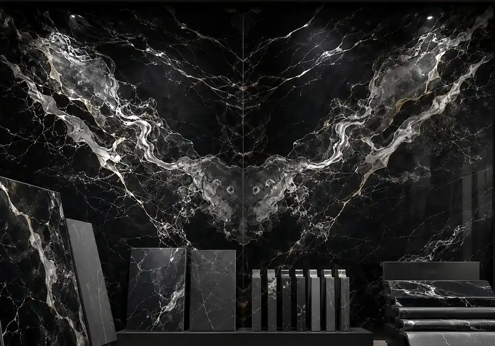 sophisticated black feature surface across a statement wall, flooring and an island countertop, with natural slab variation.
