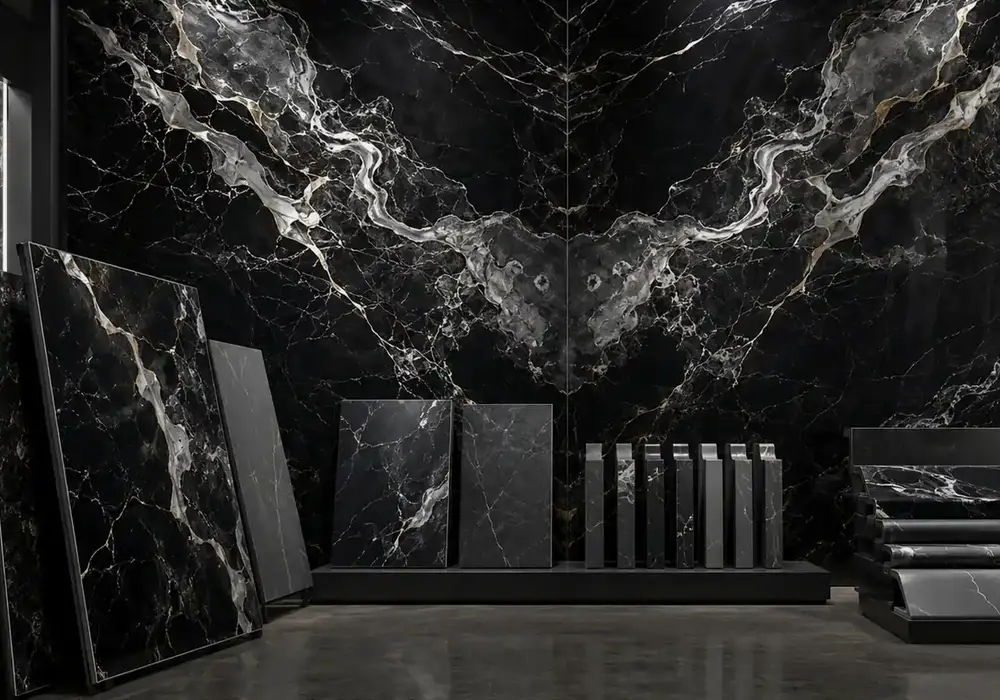 Fluid Mercury Black marble price slab with deep black polish, silver-grey rivers, white capillaries and muted-gold accents.