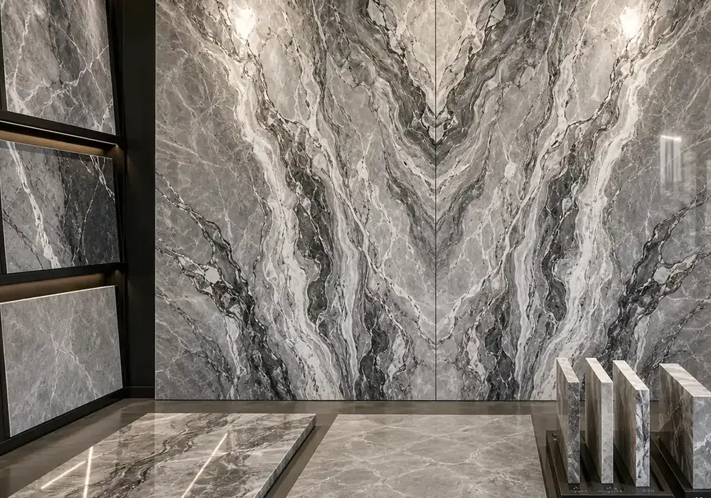 sophisticated feature stone featured across a feature wall, flooring and an island countertop, with authentic slab variation.