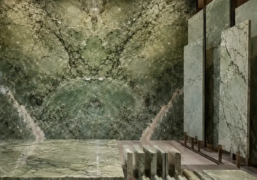 elegant translucent feature stone across wall cladding, flooring and an island countertop, with authentic slab variation.