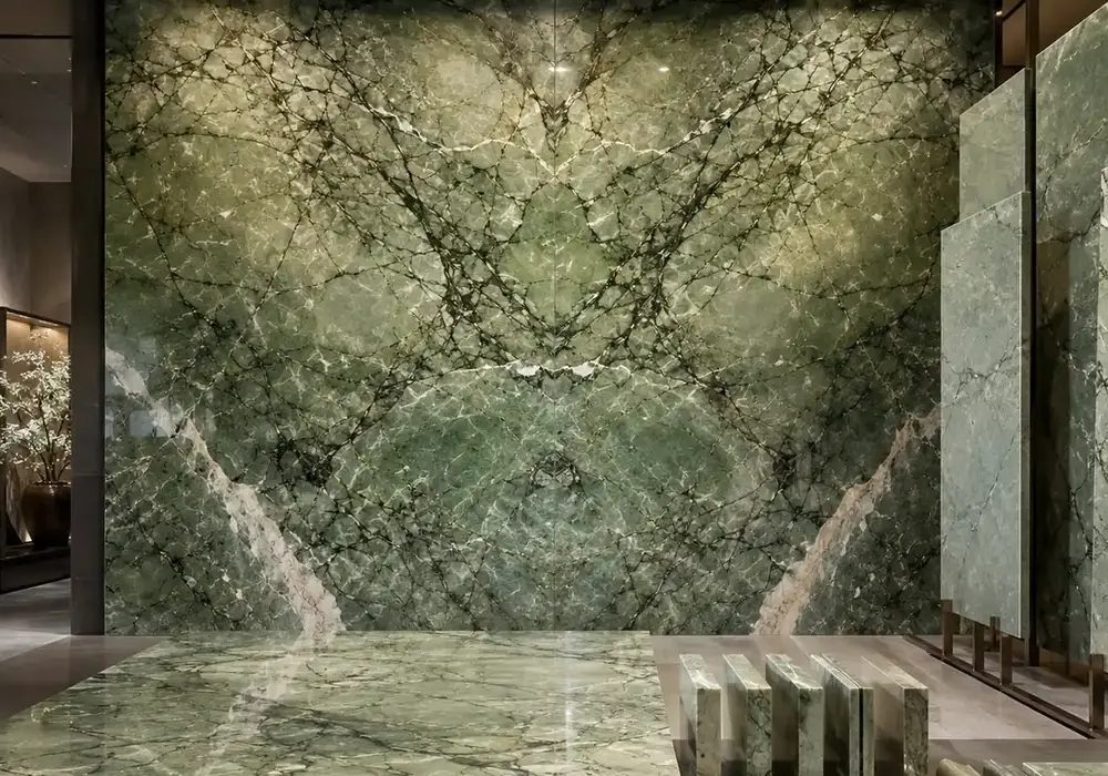 Jade and apple-green movement flows through Ming Green Marble, reflecting its distinctive Dandong Liaoning origin stone.