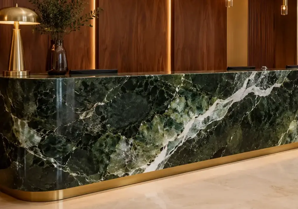 Veria Green marble featured in an Aegean luxury bathroom, showing authentic stone texture and refined architectural detail.