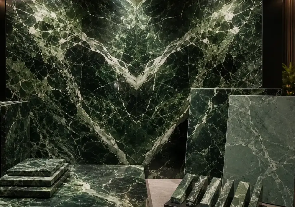 elegant green mineral movement used across a feature wall, flooring and an island countertop, with authentic slab variation.