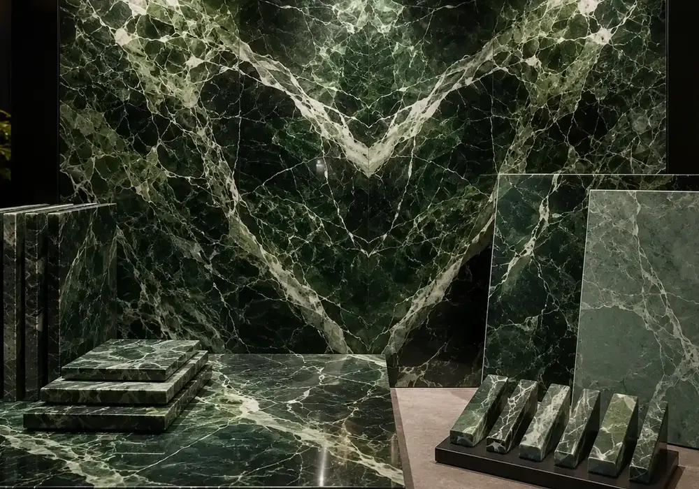 Soft Mykonos Green marble price slab with mint and seafoam tones, broad emerald passages, pale veins and luminous aqua depth.