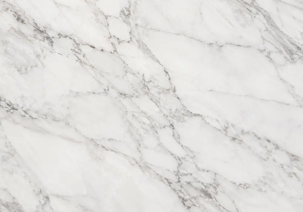 Namibia White flooring with polished kitchen surface, honed stairs and bathroom walls in luminous white with grey clouds.