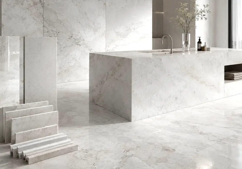 sophisticated pure white feature stone across wall cladding, flooring and an island countertop, with natural slab variation.