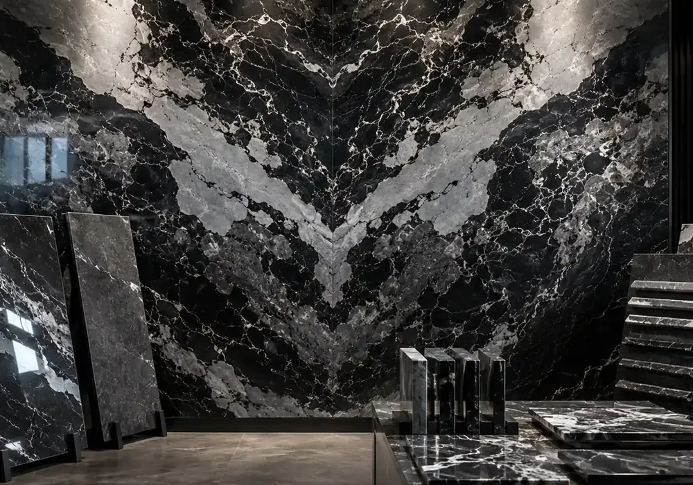 elegant artistic decorative stone across a statement wall, flooring and an island countertop, with authentic slab variation.