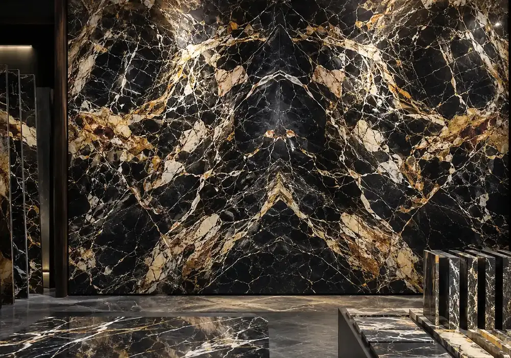 Nero Picasso marble bookmatched feature wall with black stone and expressive white, grey and gold veining.