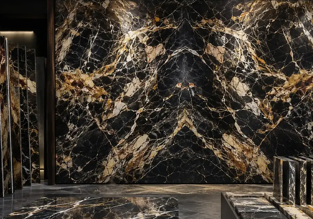 black gold marble on feature wall, fireplace and sculptural table with expressive white, gold and brown mineral strokes.