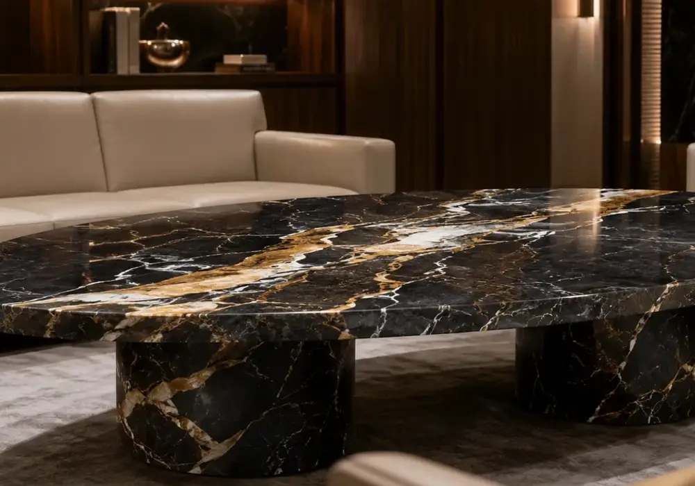 Nero Picasso Turkey in a luxury lounge, showing natural veining, realistic stone depth and refined architectural detail.
