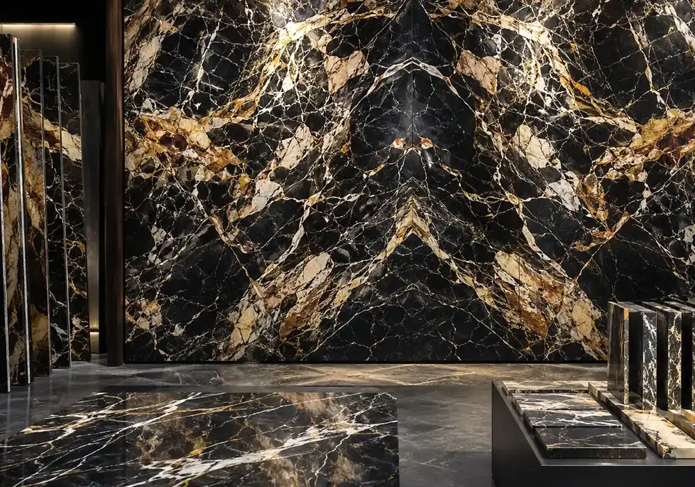 Nero Picasso marble slab image featuring black and grey, branching veins and clouded movement, and authentic quarry detail.