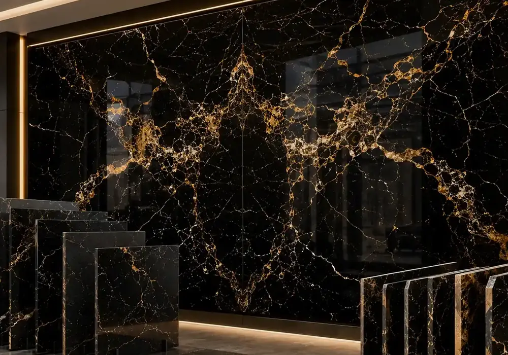Nero Portoro marble luxury reception counter with jet-black stone and dramatic luminous gold and amber veining.