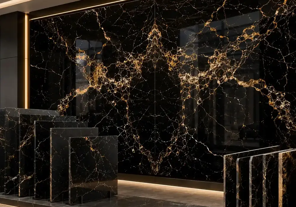 rich golden mineral movement across luxury wall cladding, flooring and a stone countertop, with authentic slab variation.