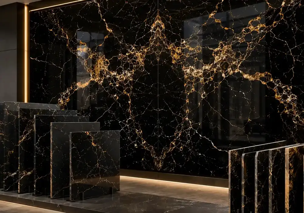Nero Portoro slabs with rich black fields and gold networks beside a luxury wall, table and honed restoration sample in UAE