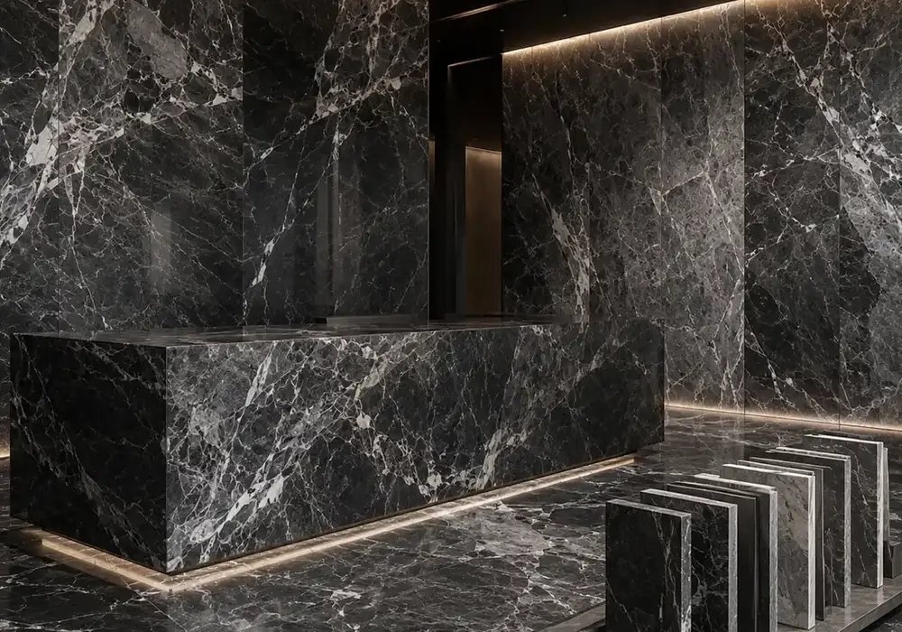 sophisticated dark neutral cladding across a feature wall, flooring and a sculptural countertop, with natural slab variation.