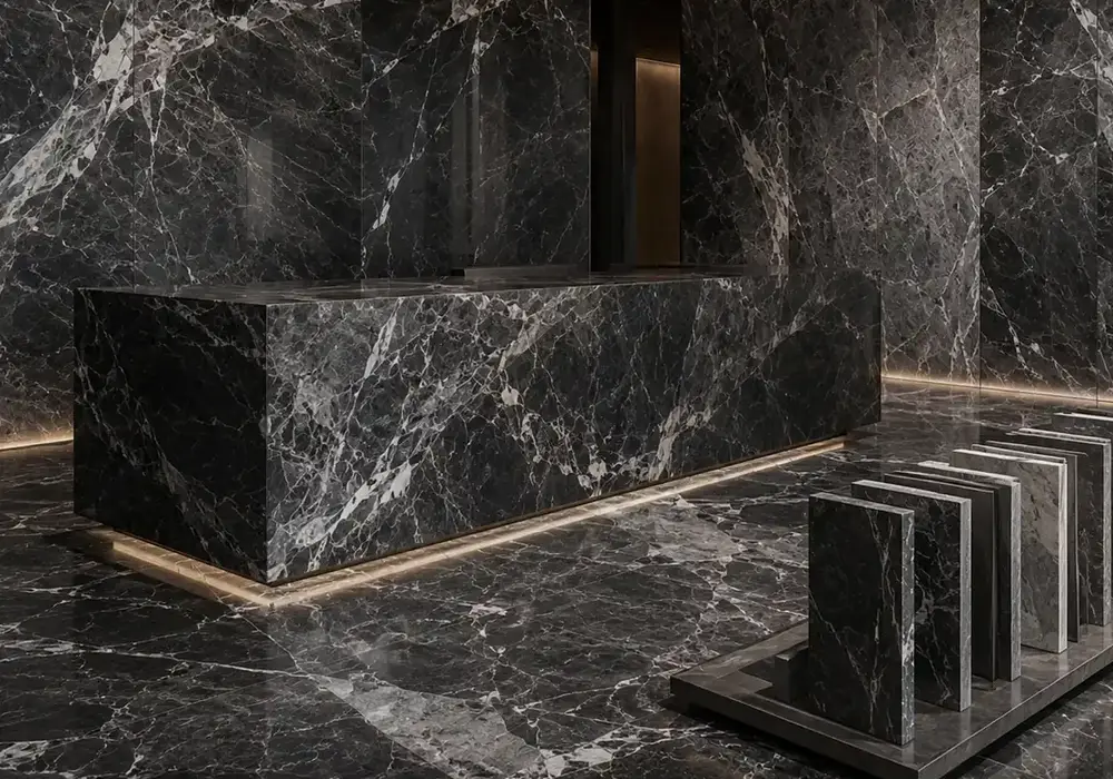 sophisticated dark feature stone across a statement wall, flooring and a sculptural countertop, with natural slab variation.