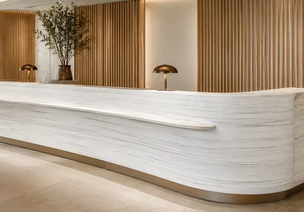 Nestos White marble price slab: white, grey and beige, directional bands and sweeping ribbons, and balanced mineral detail.