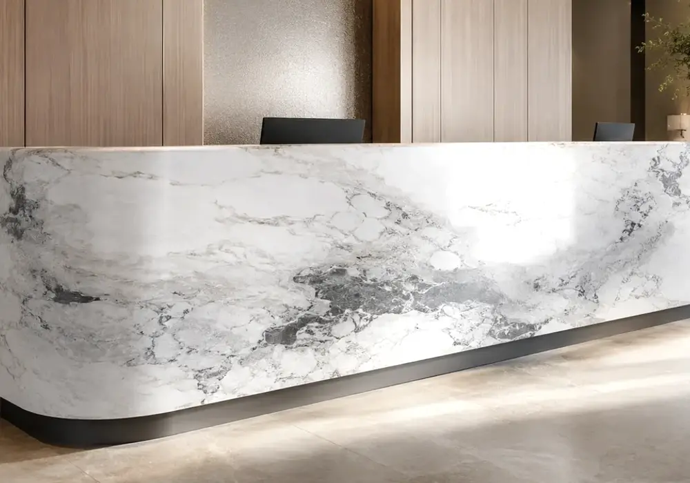 Nimbus marble console table with soft crystal-white, dove-grey tones and delicate cloud-like veining.