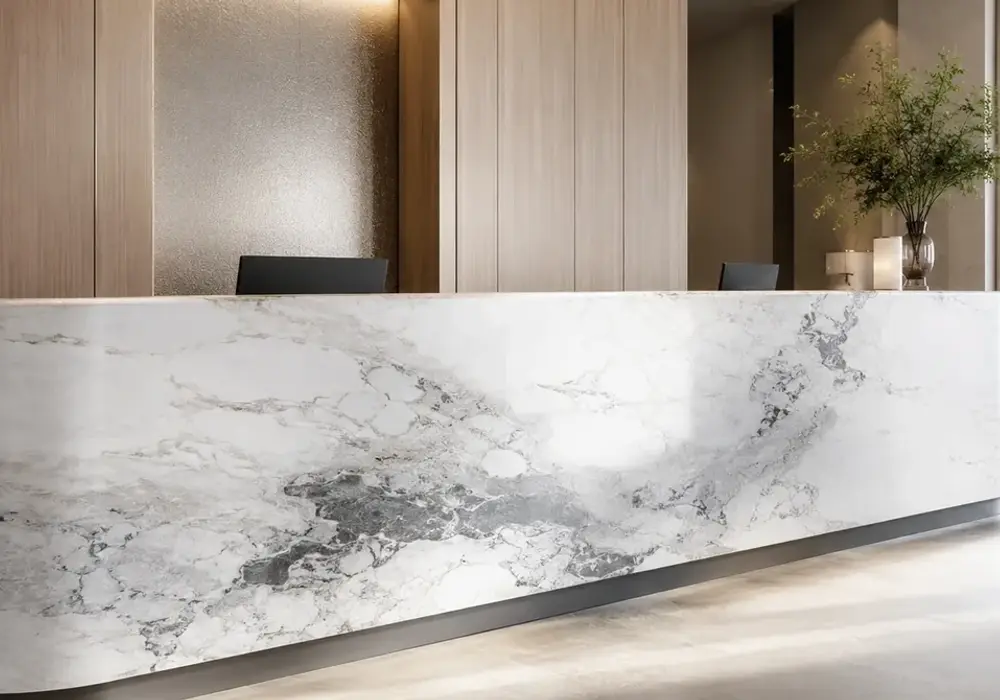 Nimbus marble UAE in a contemporary bathroom, with natural veining, realistic stone depth and refined architectural detail.