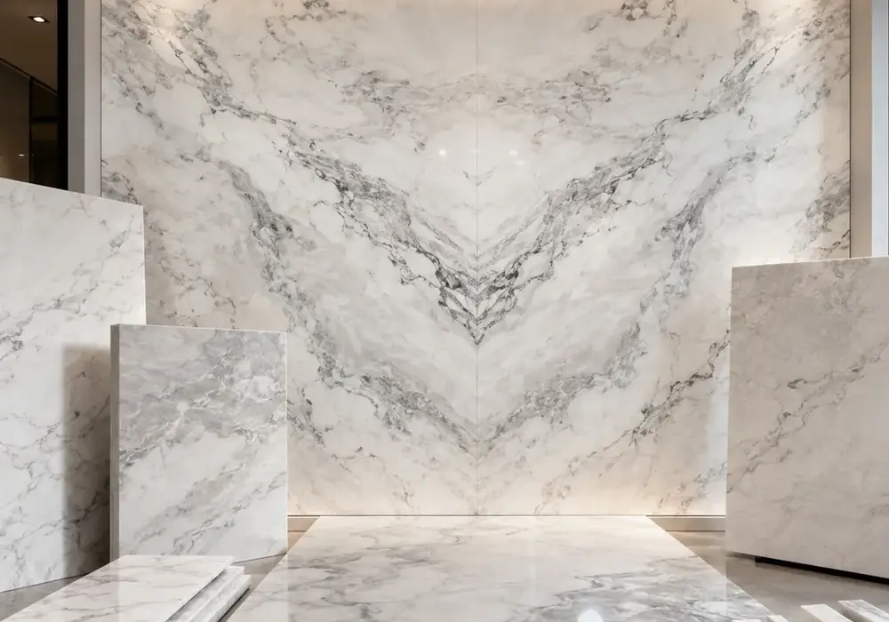 elegant bright decorative stone across wall cladding, large-format flooring and a countertop, with authentic slab variation.