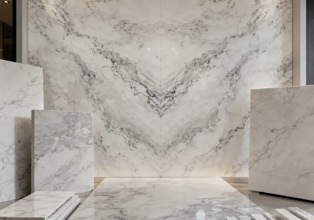 Nimbus slabs on polished wall cladding and vanity with honed floor, showing pale grey swirls, wispy threads and white areas.