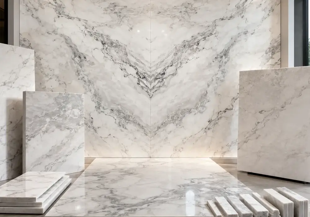 Refined slab for Nimbus marble price, presenting white and grey, sweeping ribbons and soft swirls, across a luminous surface.