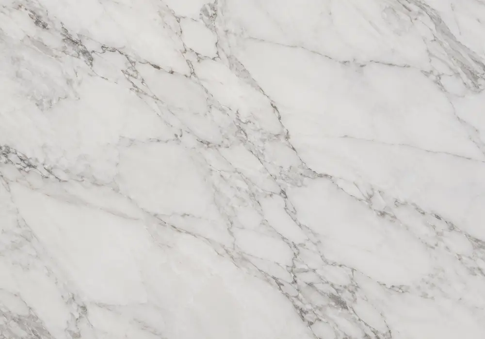 Olympus marble slabs on polished wall panels and worktops with honed floors, stairs and vanity in white and pale-grey tones.