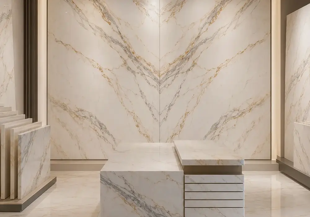 sophisticated warm white material across a feature wall, flooring and a sculptural countertop, with authentic slab variation.