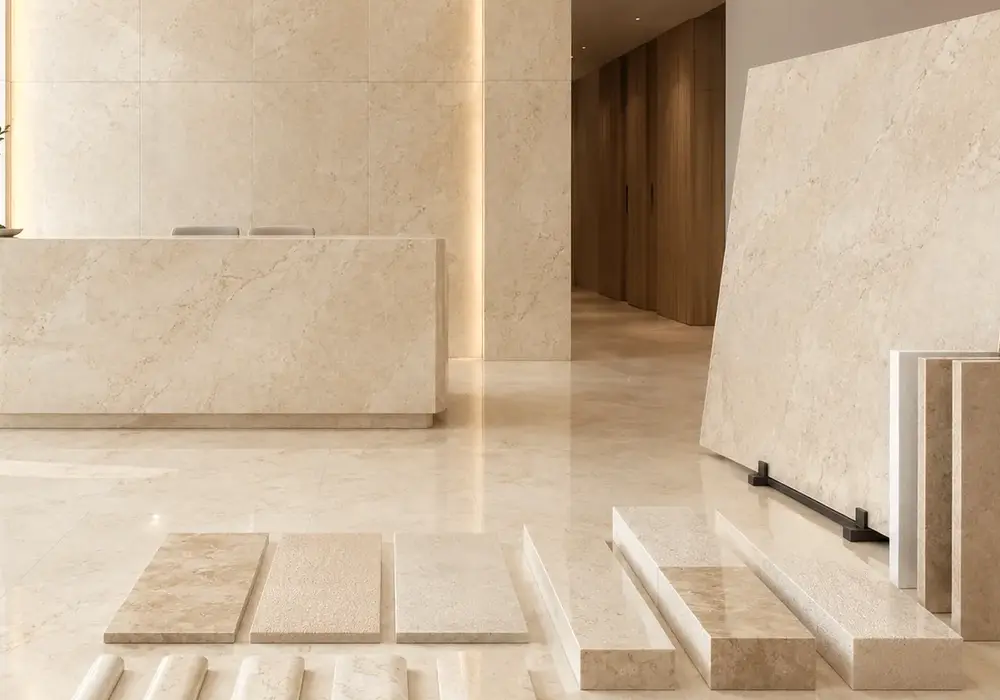 fine beige veins cross honed exterior cladding, paving and stair samples beside polished slabs and GCC-ready project crates.