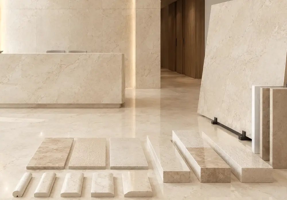 elegant warm interior stone used across terrace flooring and a stone countertop, with realistic finishes and soft daylight.