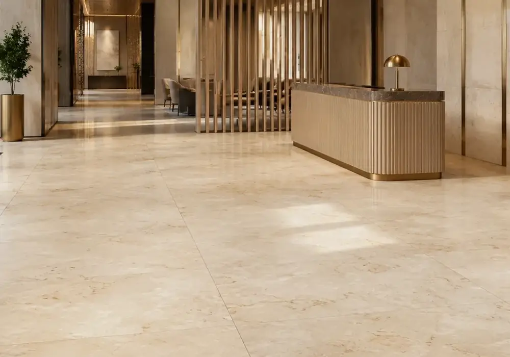 Warm ivory Omani Ivory Marble reveals fossils and pale-gold bands, showcasing the refined character of Oman ivory stone.