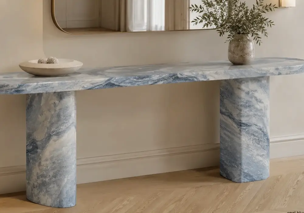 Opal Blue marble elegant console tabletop with icy blue-grey stone and soft translucent white and pale-blue movement.