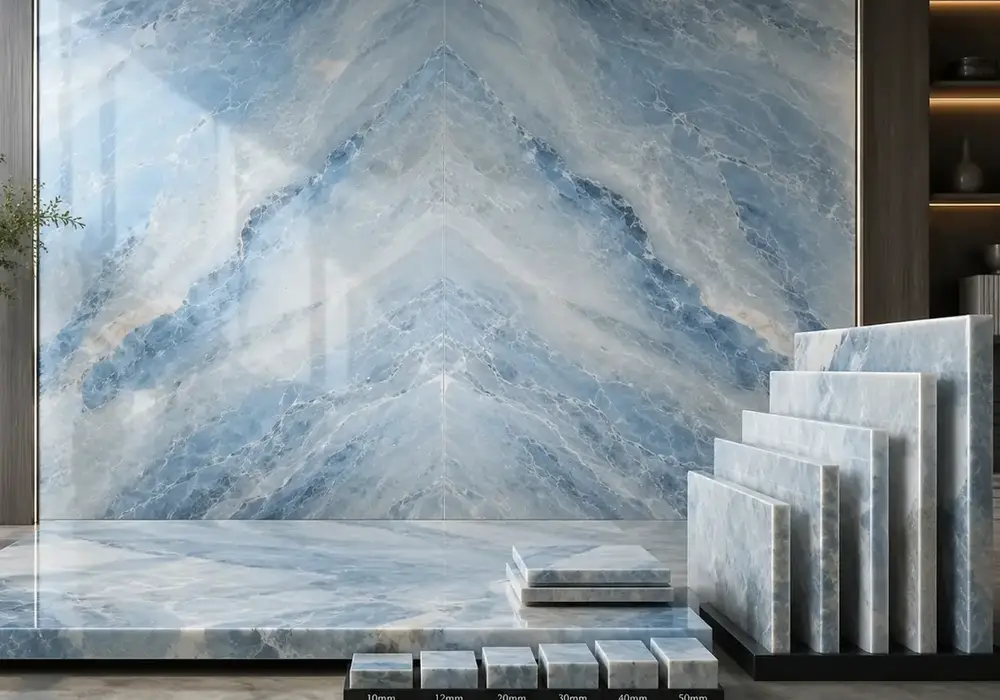 elegant coastal decorative stone across a feature wall, console countertop and decorative elements, with realistic finishes.