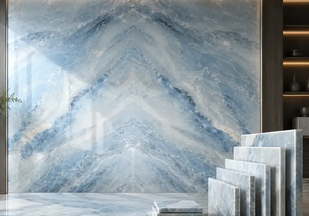 Opal Blue pavers in honed and textured finishes beside polished icy blue slabs, UAE tiles and cloud-rich samples in view