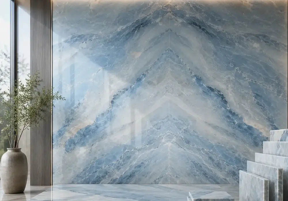 Opal Blue marble price reference with icy blue-grey depth, misty white swirls, crystal zones and subtle silver-beige shadows.