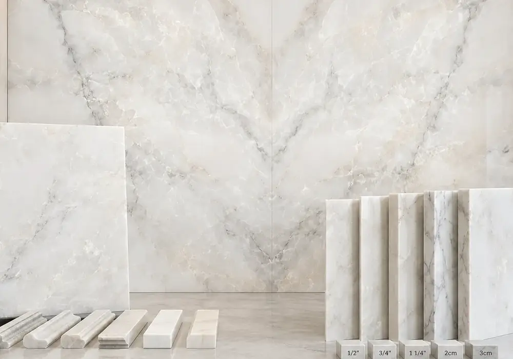 elegant opalescent decorative stone across wall cladding, flooring and a stone countertop, with authentic slab variation.