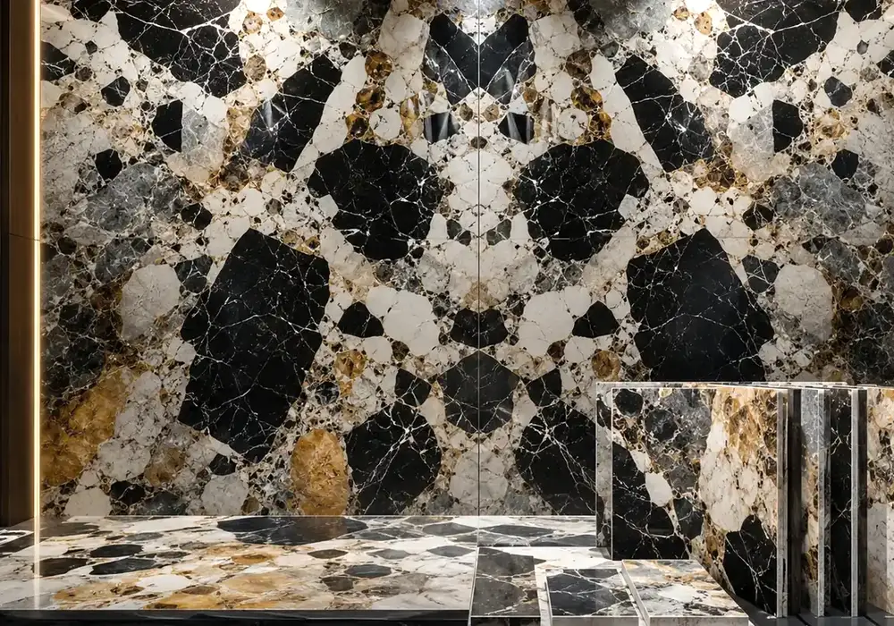 sophisticated statement stone across a statement wall, flooring and a sculptural countertop, with authentic slab variation.