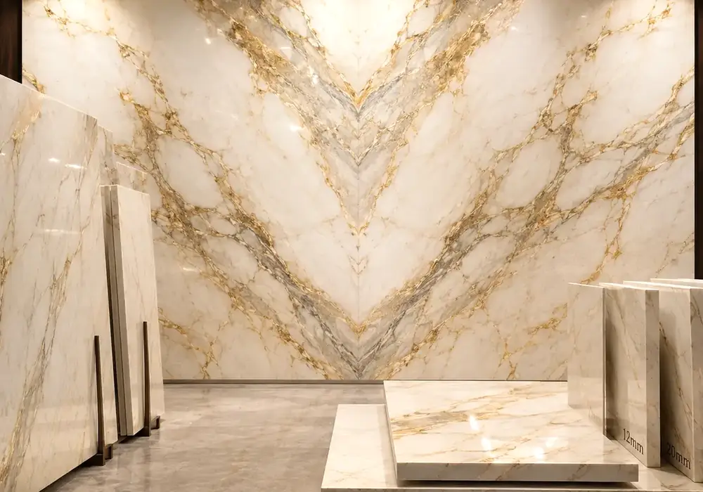 graceful warm decorative texture across a feature wall, flooring and a sculptural countertop, with authentic slab variation.