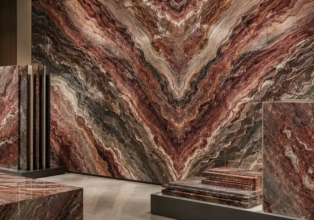 Orobico Rosso marble dramatic reception cladding with layered burgundy, charcoal and cream ribbon-like movement.