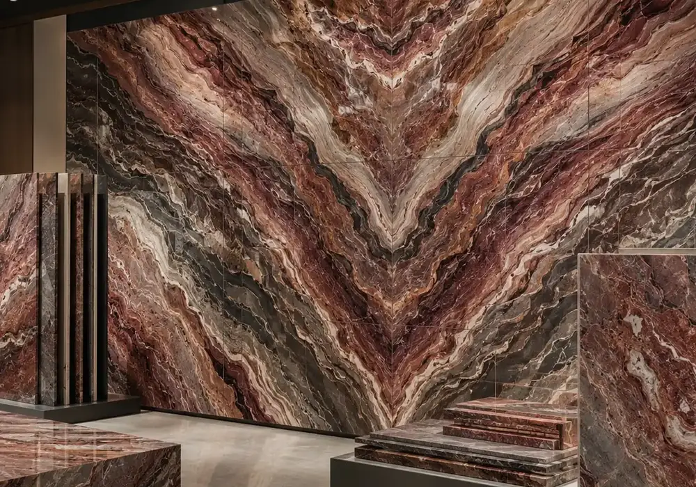 Orobico Rosso slabs in a luxury lounge, with natural mineral movement, realistic depth and refined architectural detailing.