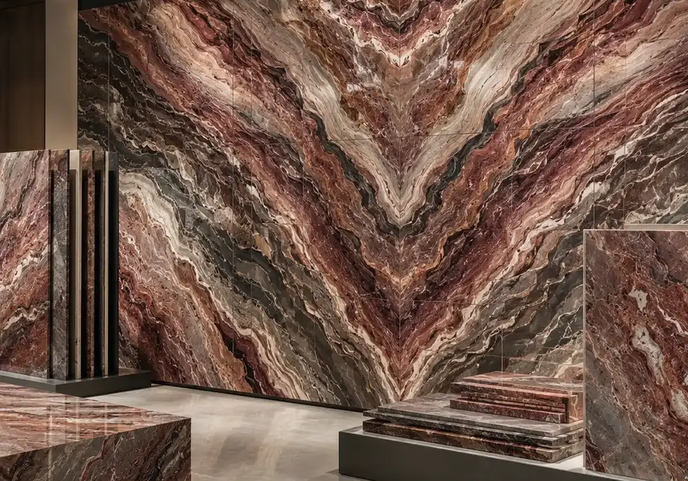 sophisticated statement stone across a statement wall, flooring and a sculptural countertop, with authentic slab variation.