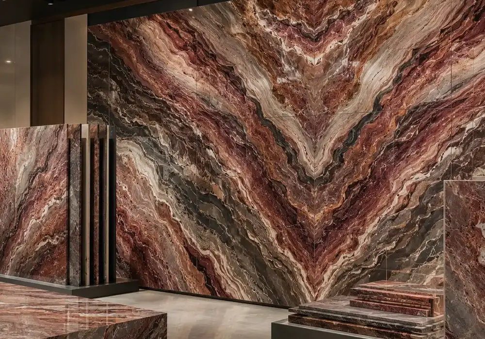 Orobico Rosso marble price visual of red and grey stone shaped by flowing waves and folded layers, across a luminous surface.