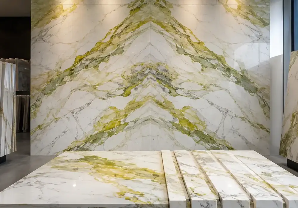 sophisticated decorative cladding across a feature wall, flooring and a sculptural countertop, with authentic slab variation.