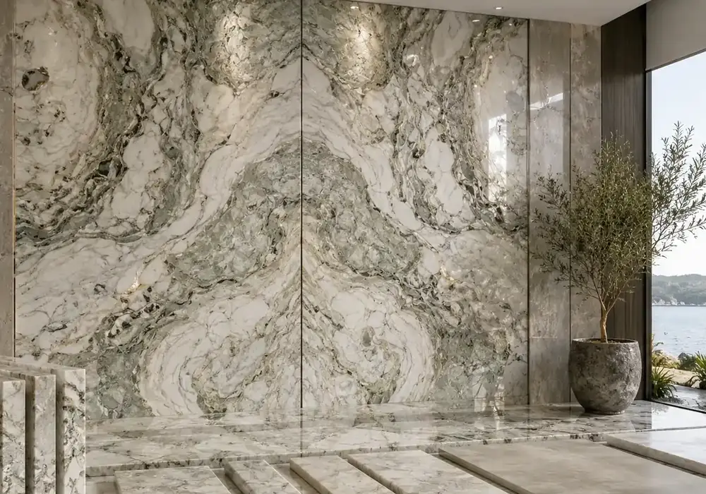 sophisticated feature stone across wall cladding, flooring and a stone countertop, with realistic finishes and soft daylight.