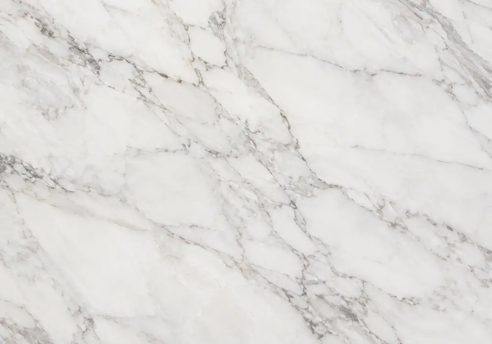 Oyster white tile flooring with polished island, vanity, backsplash, wet-area sample and creamy shell-like pearly movement